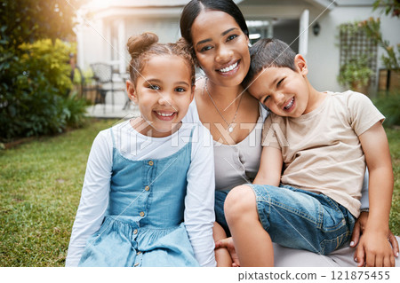 Family bonding, smiling and enjoying new house, garden and backyard as real estate investors, homeowners and buyers. Portrait of single mother, son and daughter with home insurance sitting together 121875455