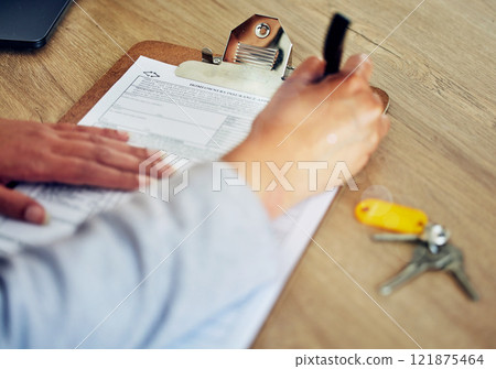 Signing contract, document and paper closeup of banker, client or worker, writing or filling out information on insurance or loan form. Hands of woman completing legal agreement or tax compliance Signing contract, document and paper closeup of banker, client or worker, writing or filling out information on insurance or loan form. Hands of woman completing legal agreement or tax compliance 121875464