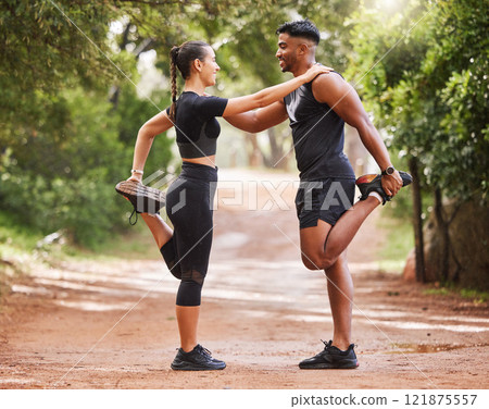 Fitness, active and healthy couple stretching, exercising or training together outside park. Sporty and supportive man and woman preparing for workout exercise, warmup routine or jogging in nature 121875557