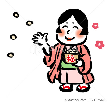 Otafuku throwing beans - hand-drawn illustration with brush strokes 121875602