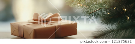 beautifully wrapped Christmas gift with bow sits beside festive tree, evoking warmth and joy during holiday season 121875681