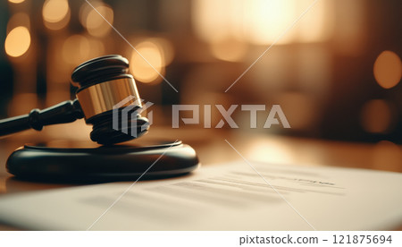 close up of gavel resting on desk beside contract, symbolizing justice and legal proceedings. warm lighting creates professional atmosphere close up of gavel resting on desk beside contract, symbolizing justice and legal proceedings. warm lighting creates professional atmosphere 121875694