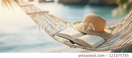 hammock with sun hat and open book resting on it, creating serene and relaxing atmosphere by water. Perfect for leisure and tranquility 121875785