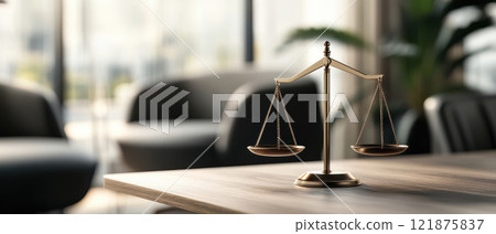 elegant set of scales placed on modern desk, symbolizing justice and balance in serene office environment. soft lighting enhances sophisticated atmosphere 121875837