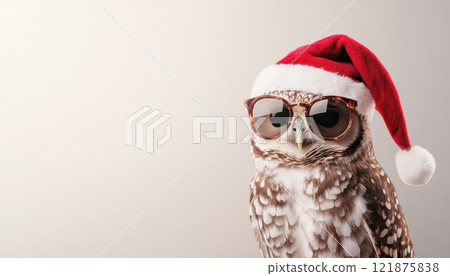 owl wearing Santa hat and vintage sunglasses, exuding festive vibe. This charming bird captures holiday spirit with its unique accessories and playful expression 121875838