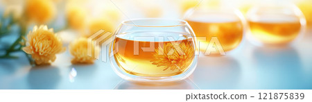 serene scene featuring chrysanthemum tea in glass cups, surrounded by vibrant yellow flowers. natural light enhances warm tones, creating calming atmosphere 121875839