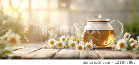 rustic glass kettle filled with chamomile tea sits on wooden table surrounded by fresh daisies, evoking warm and inviting atmosphere rustic glass kettle filled with chamomile tea sits on wooden table surrounded by fresh daisies, evoking warm and inviting atmosphere 121875863