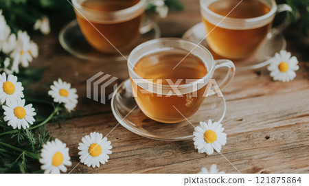 close up of chamomile tea in glass teacups surrounded by fresh daisies, creating calming and inviting atmosphere. Perfect for relaxation and wellness 121875864