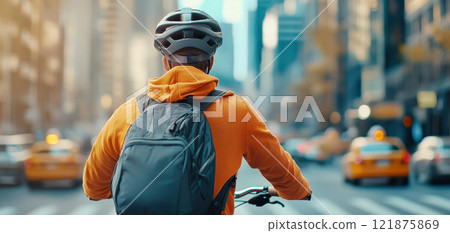 cyclist in orange hoodie and helmet rides through busy city street, surrounded by yellow taxis and tall buildings, capturing essence of urban commuting 121875869