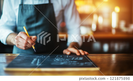 barista writing on chalkboard menu in cozy cafe, showcasing creativity and attention to detail. warm ambiance enhances inviting atmosphere barista writing on chalkboard menu in cozy cafe, showcasing creativity and attention to detail. warm ambiance enhances inviting atmosphere 121875898