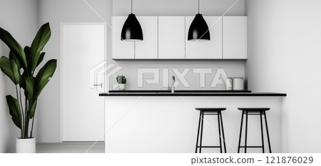 Modern kitchen with black and white theme, featuring sleek cabinets, stylish pendant lights, and minimalist design. space is enhanced by large plant, creating fresh atmosphere 121876029