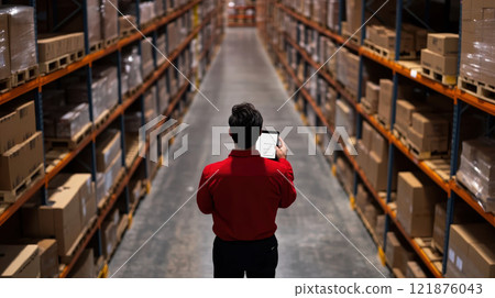 Warehouse employee using tablet to check inventory in storage aisles, surrounded by stacked boxes and shelves, ensuring efficient stock management 121876043