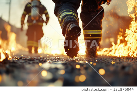 Firefighters walking through flames, focused on extinguishing fire. Their determination and bravery shine through as they tackle intense blaze Firefighters walking through flames, focused on extinguishing fire. Their determination and bravery shine through as they tackle intense blaze 121876044