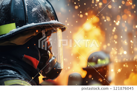 Firefighter in protective gear battling fierce blaze, surrounded by flames and sparks, showcasing bravery and determination in critical moment Firefighter in protective gear battling fierce blaze, surrounded by flames and sparks, showcasing bravery and determination in critical moment 121876045