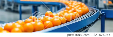 Fresh oranges on high speed conveyor system, showcasing efficient fruit processing and movement in modern facility 121876053