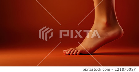close up image of foot displaying discomfort against warm orange background, highlighting details of skin and toes 121876057