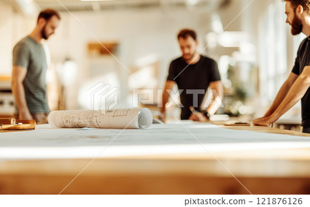 Collaborative brainstorming session with employees discussing plans and ideas. atmosphere is focused and creative, showcasing teamwork and innovation in workspace. Industrial workers in a factory and 121876126