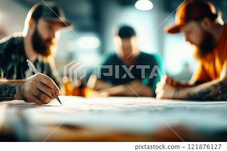 Creative brainstorming session with focused individuals collaborating on ideas. atmosphere is dynamic and engaging, showcasing teamwork and innovation. Industrial workers in a factory and teamwork 121876127