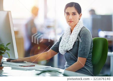 Woman, portrait and business office and workspace with computer, desktop and planning or online project. Search, information and professional administrator, reading email and company schedule or work 121876140