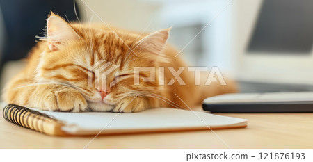 Sleeping orange cat resting on notebook beside laptop, creating cozy workspace atmosphere 121876193
