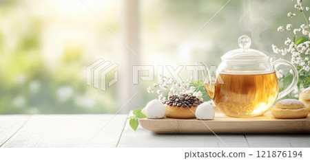 glass teapot filled with herbal tea sits on wooden tray alongside sweet pastries and coffee beans, creating serene and inviting atmosphere 121876194