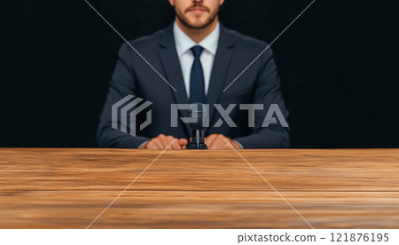 man in suit sits at wooden table with microphone, ready for interview. atmosphere is serious and professional, emphasizing importance of moment 121876195