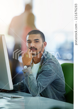 Portrait, man or computer for web design of website, software update or development in digital agency. Online, news or confident designer working on technology or information at startup for solution 121876283