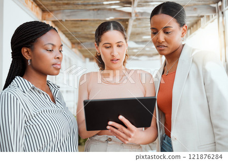 Collaboration, teamwork and working team with a tablet looking at digital data together. Group of female business office workers thinking and reading online web information planning a project outside Collaboration, teamwork and working team with a tablet looking at digital data together. Group of female business office workers thinking and reading online web information planning a project outside 121876284
