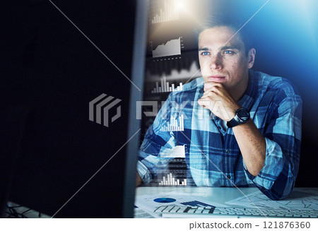 IT technician thinking and working on cyber data protection on a computer. A programmer updates a newly installed program to avoid online hacking. Young male software developer coding the database 121876360