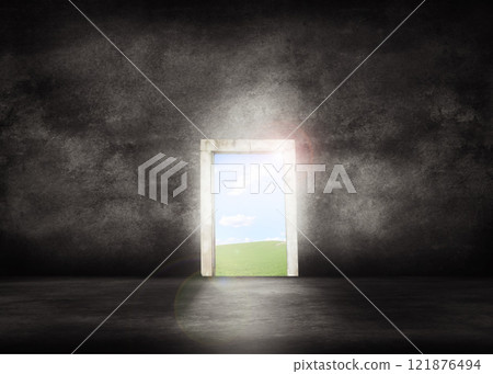 CGI rendering of a doorway into a bright future or opportunity for success. Copyspace background in a dark room with sunlight concept of a dream for business growth development or successful outcome 121876494
