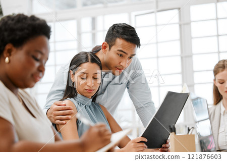 Sexual harassment or inappropriate touch by a businessman on a female employee by putting his hand on her. Unhappy and awkward female coworker feeling uncomfortable due to behavior in the office 121876603