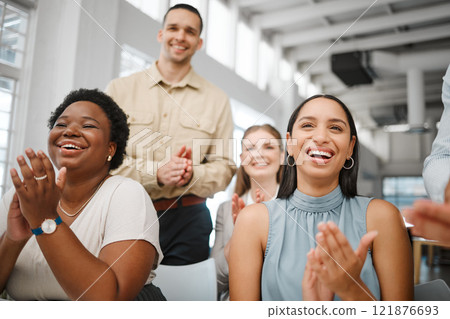 Clapping, celebrating and excited after training presentation, office meeting or education workshop for creative group. Diverse, cheering or motivated colleagues smiling with growth mindset or vision Clapping, celebrating and excited after training presentation, office meeting or education workshop for creative group. Diverse, cheering or motivated colleagues smiling with growth mindset or vision 121876693