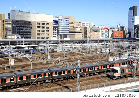 Nagoya City, Nagoya Station platform and buildings at Taikoguchi 121876836