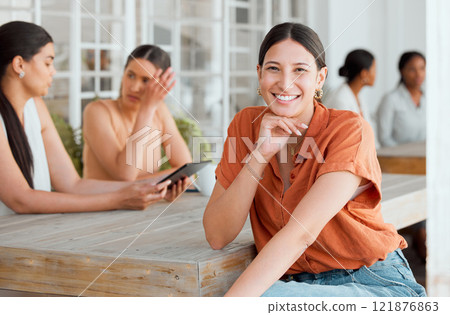 Smiling, happy and motivated female entrepreneur attending a meeting with a positive mindset in creative office. Portrait of confident and proud entrepreneur satisfied with job in a startup business 121876863