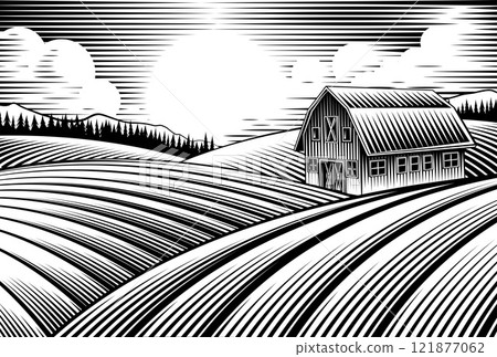Farm Barn And Rolling Hills Vintage Woodcut Style 121877062