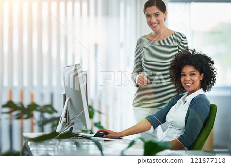 Help, supervisor and portrait of woman with computer in office for advice, feedback or review project at desk. Company, publication design and staff for support, coaching or ideas at printing agency 121877118