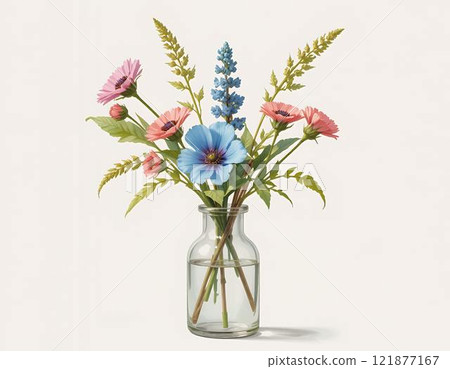 Antique botanical illustration of blue anemones and delphiniums in a glass vase 121877167