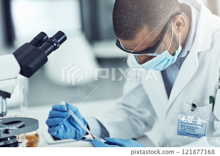 Science, medical research and medicine development with a male scientist testing a blood sample with a microscope. Male lab technician working to discover new innovation and breakthrough in treatment Science, medical research and medicine development with a male scientist testing a blood sample with a microscope. Male lab technician working to discover new innovation and breakthrough in treatment 121877168