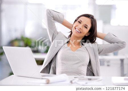 Manager with laptop feeling done, finished or complete with corporate office task, project or innovation. Portrait of leader or boss feeling relieved, accomplished or successful with arms behind head 121877174
