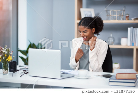 Excited creative with laptop celebrating success, cheering good news or done after meeting goal, market deadline or completing office task. Marketing agent with fist gesture showing hurray expression Excited creative with laptop celebrating success, cheering good news or done after meeting goal, market deadline or completing office task. Marketing agent with fist gesture showing hurray expression 121877180
