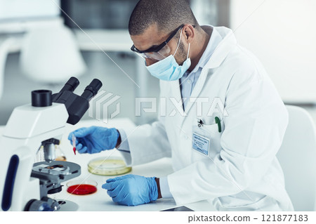 Medical, healthcare and science professional testing monkeypox, ebola or marburg virus under microscope in medical research. Biologist, scientist or pathologist examining DNA chemical reaction in lab Medical, healthcare and science professional testing monkeypox, ebola or marburg virus under microscope in medical research. Biologist, scientist or pathologist examining DNA chemical reaction in lab 121877183