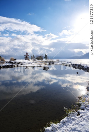 Lake Toya in early winter: View of Ukimido from the lakeside of Ukimido Park Lake Toya in early winter: View of Ukimido from the lakeside of Ukimido Park 121877339