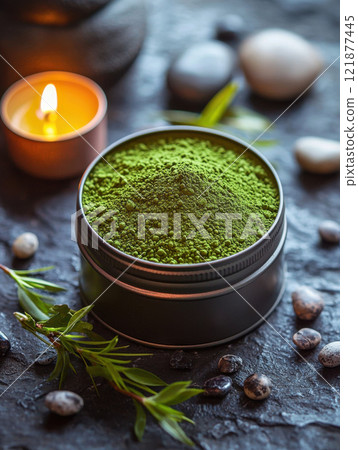 Green matcha powder in tin with candle and stones on dark surface Green matcha powder in tin with candle and stones on dark surface 121877445