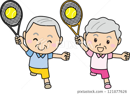 Smiling elderly men and women enjoying tennis Smiling elderly men and women enjoying tennis 121877626