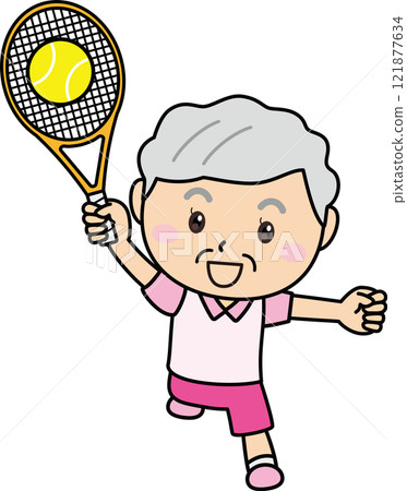Smiling elderly woman enjoying tennis 121877634