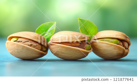 A pile of fresh pistachios, a healthy and delicious snack. 121877641