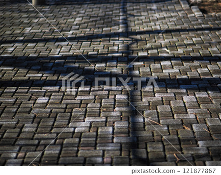 The beauty of the tree shadows and geometric patterns reflected on the stone pavement 121877867