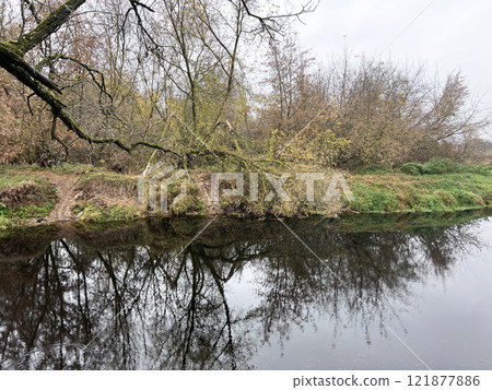 Autumn forest on the river bank. Forest river in autumn. Autumn forest river. Autumn river forest landscape 121877886