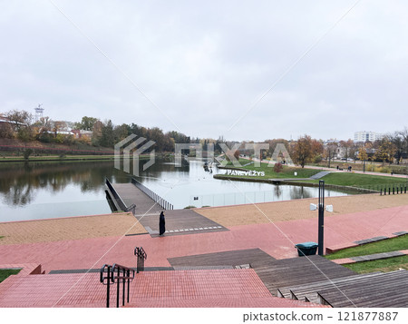 Aerial view of Panevezys city centre, downtown park, one of the largest cities in Lithuania 121877887