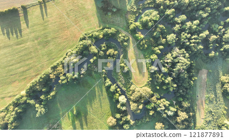 Inland river delta river meanders drone aerial shot in floodplain forest lowlands wetland swamp, quadcopter view flying fly flight show, protected landscape area Ltovelske Pomoravi Europe Inland river delta river meanders drone aerial shot in floodplain forest lowlands wetland swamp, quadcopter view flying fly flight show, protected landscape area Ltovelske Pomoravi Europe 121877891